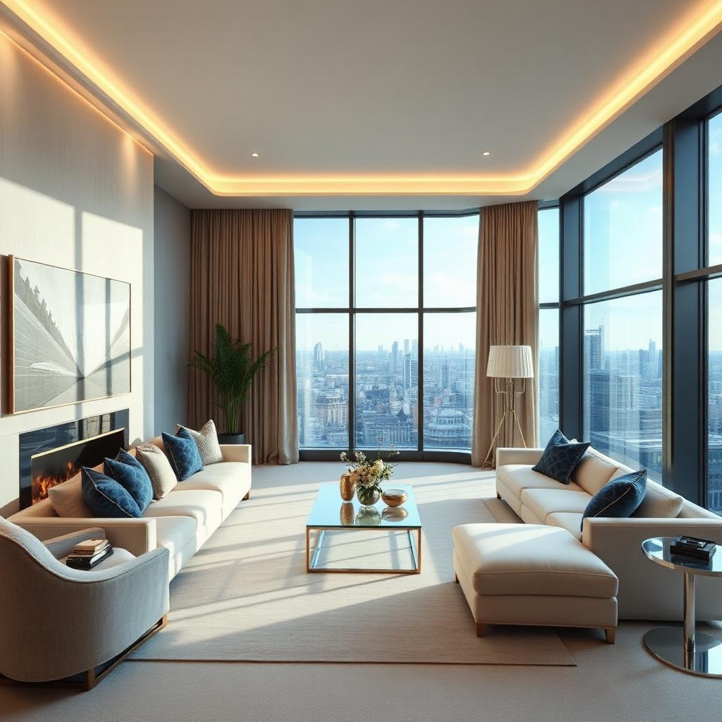 Bright Mayfair penthouse living room with architectural lighting