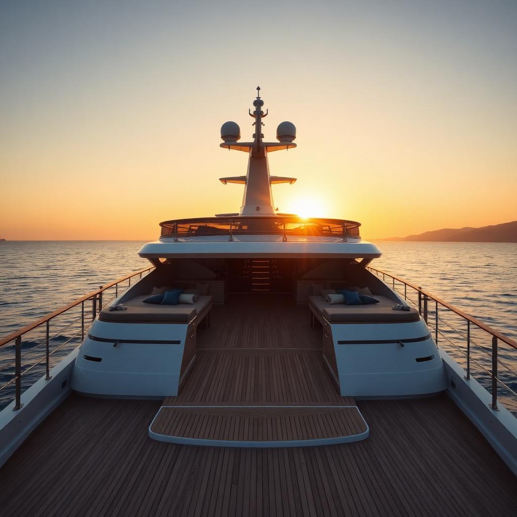 Custom superyacht aft deck at sunset in the Mediterranean