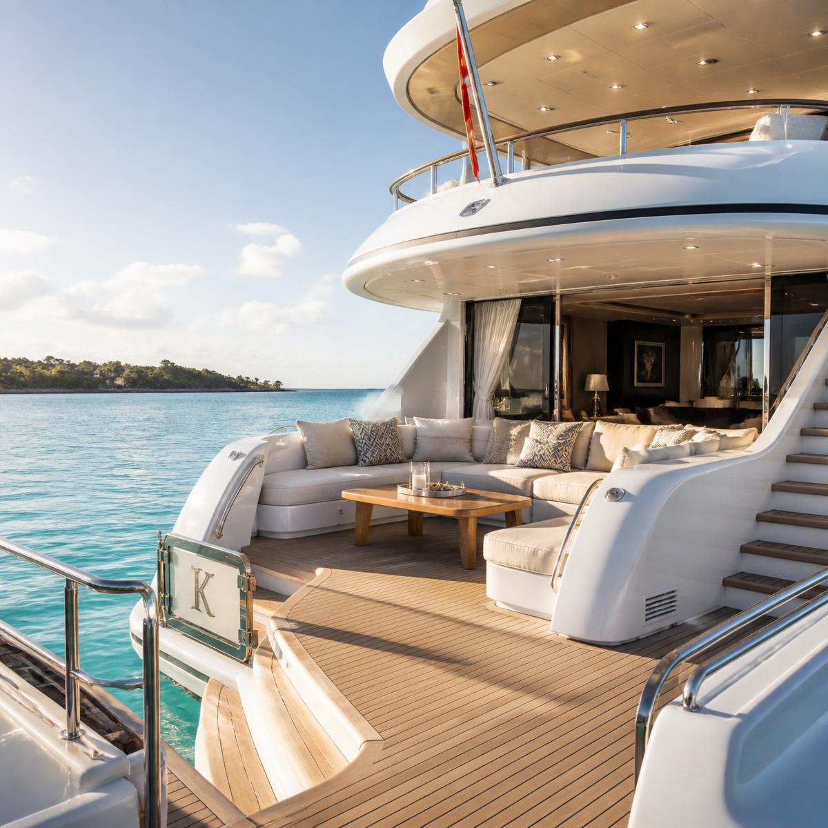Superyacht aft deck in bright daylight with teak decking and turquoise ocean